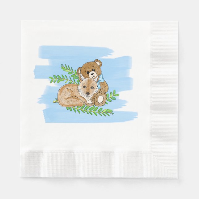 Fox and Teddy Bear Greenery Boy's Baby Shower Napkins (Front)