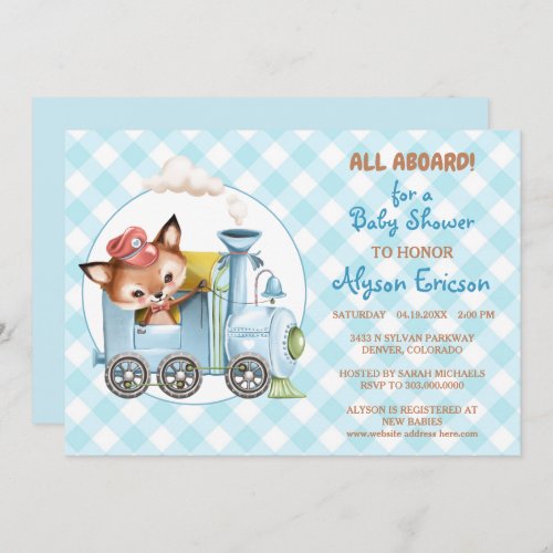 Fox and Train Gingham Blue Baby Shower Invitation