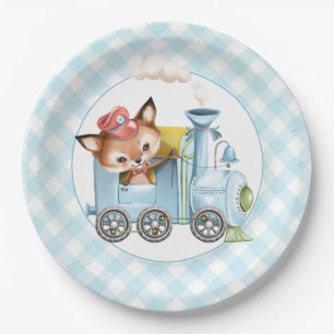 Fox and Train Gingham Blue Baby Shower Paper Plates