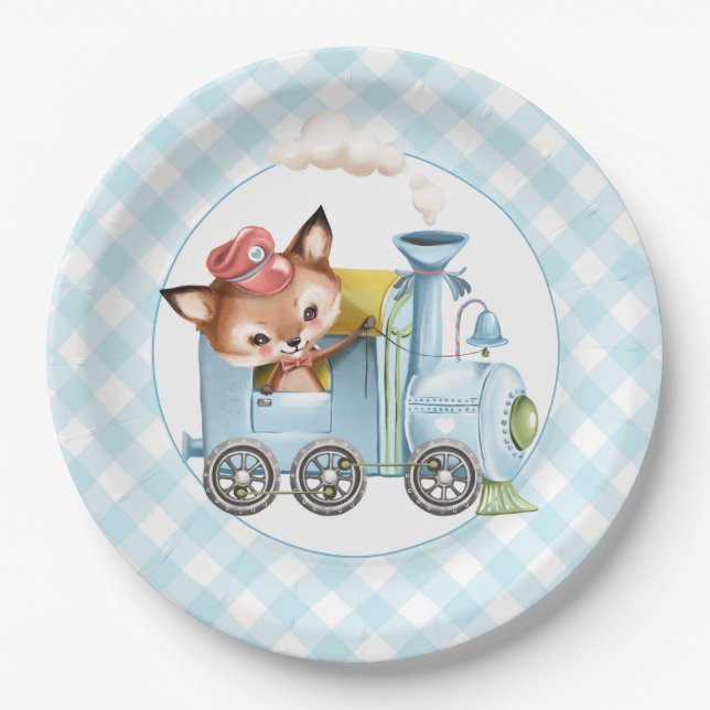 Fox and Train Gingham Blue Baby Shower Paper Plates (Front)