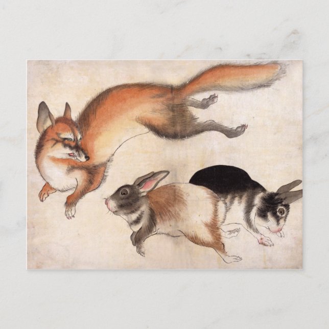 Fox and Two Hares, Vintage Japanese Painting Postcard (Front)
