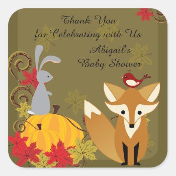 Fox And Woodland Animal Fall Baby Shower Thank You Square Sticker by TheCutieCollection at Zazzle
