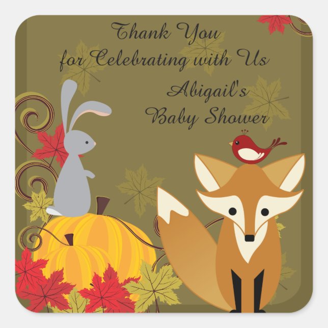 Fox and Woodland Animal Fall Baby Shower Thank You Square Sticker (Front)