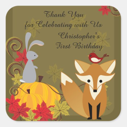 Fox and Woodland Animals Fall 1st Birthday Thanks Square Sticker