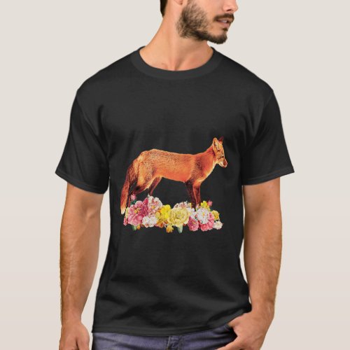 Fox animal motif flowers animal print animals T_Shirt