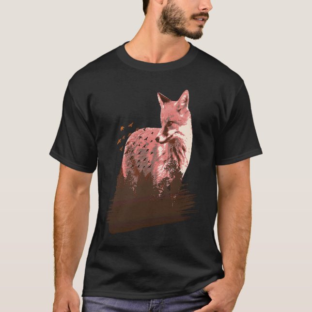 fox animals forest trees birds T-Shirt (Front)