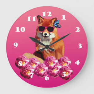 Fox Art, Pink Wall Clock