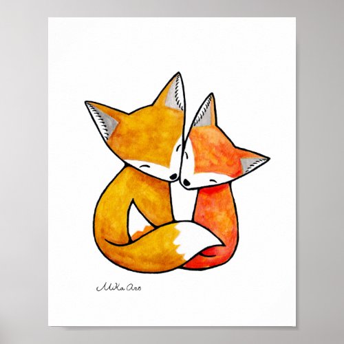 Fox Art Print Red Fox Couple Illustration Poster