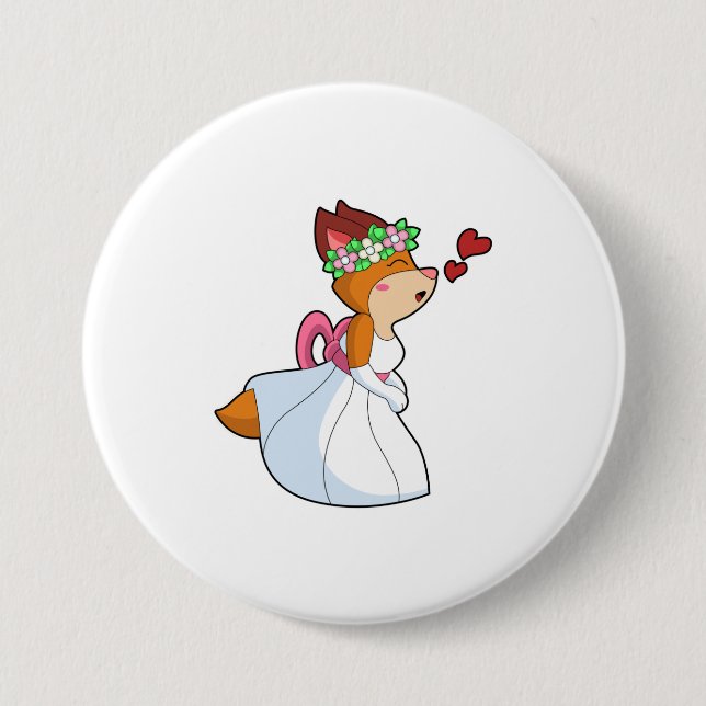 Fox as Bride with with Wedding dress & Flower wrea Button (Front)