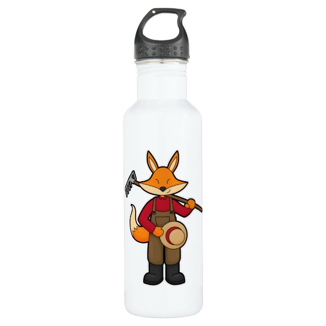 Fox as Farmer with Rake & Hat Stainless Steel Water Bottle (Front)