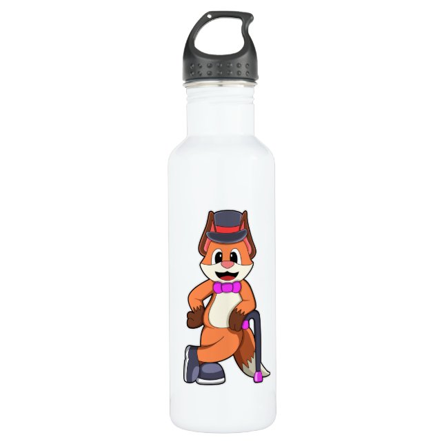 Fox as Gentleman with Hat & Stick Stainless Steel Water Bottle (Front)