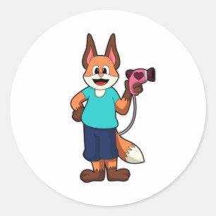 Fox as Hairdresser with Hairdryer Classic Round Sticker