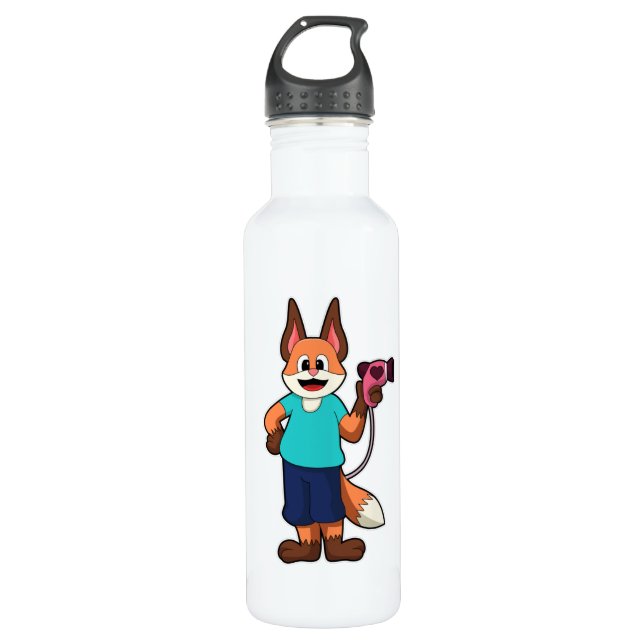 Fox as Hairdresser with Hairdryer Stainless Steel Water Bottle (Front)
