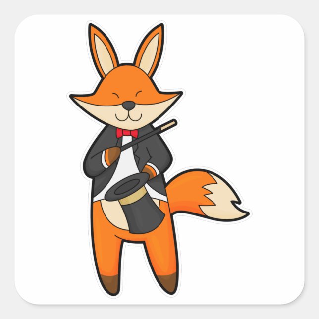 Fox as Magician with Magic wand & Hat Square Sticker (Front)