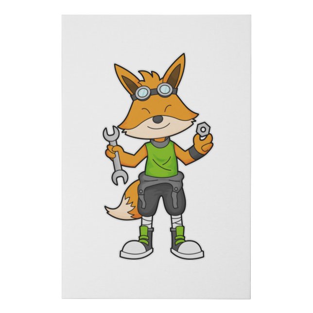 Fox as Mechanic with Wrench & Nut Faux Canvas Print (Front)