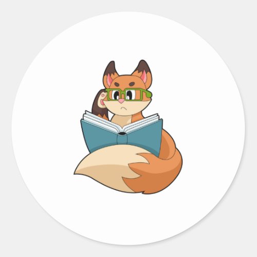 Fox as Nerd with Book  Glasses Classic Round Sticker