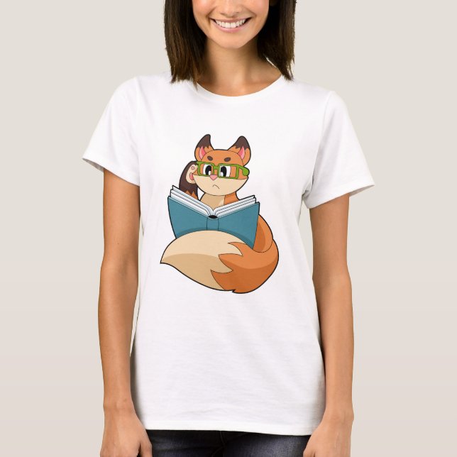 Fox as Nerd with Book & Glasses T-Shirt (Front)