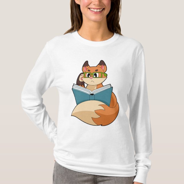 Fox as Nerd with Book & Glasses T-Shirt (Front)