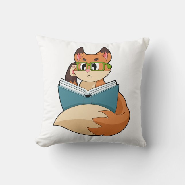 Fox as Nerd with Book & Glasses Throw Pillow (Front)