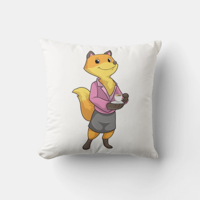 Fox as Secretary with Coffee Cup Throw Pillow (Front)