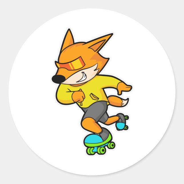 Fox as Skater with Roller skates Classic Round Sticker (Front)