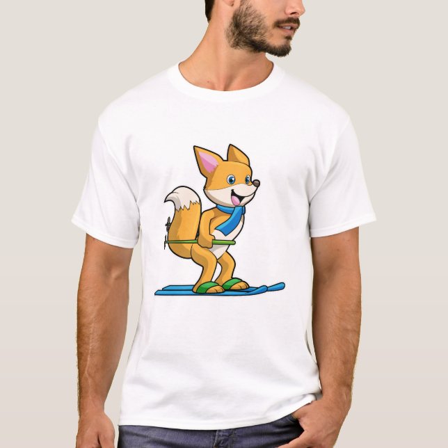 Fox as Skier with Ski & Ski poles T-Shirt (Front)