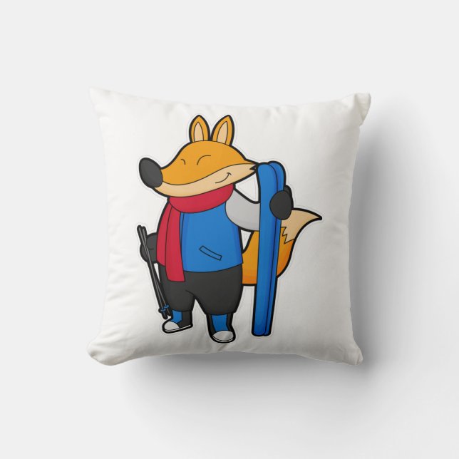 Fox as Skier with Ski Throw Pillow (Front)