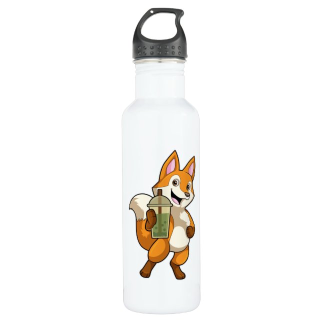 Fox at Drinking with Bubble Tea Stainless Steel Water Bottle (Front)
