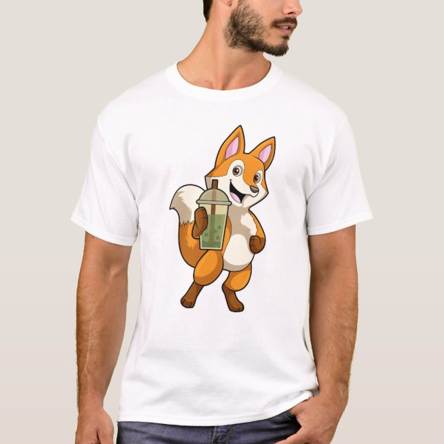 Fox at Drinking with Bubble Tea T-Shirt (Front)