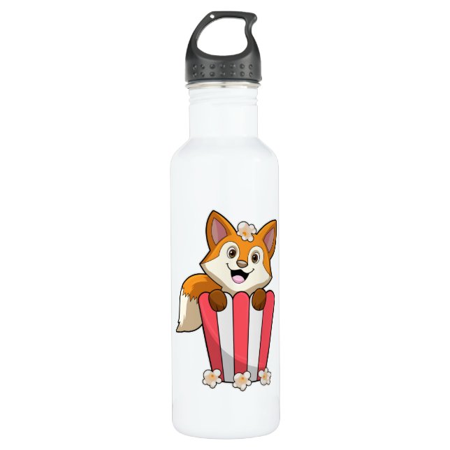 Fox at Eating with Popcorn Stainless Steel Water Bottle (Front)