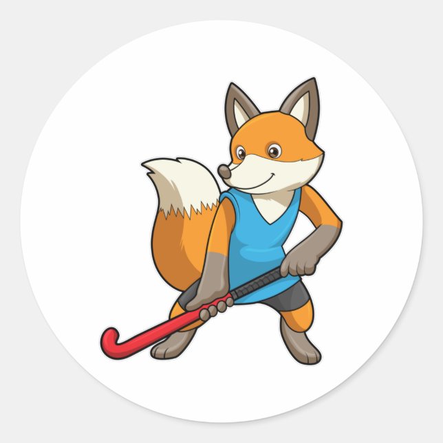 Fox at Hockey with Hockey bat Classic Round Sticker (Front)