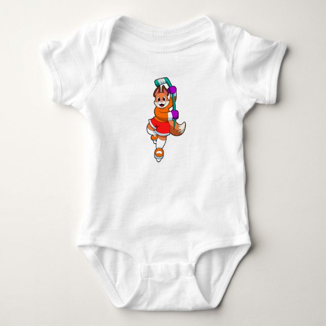 Fox at Ice hockey with Ice hockey stick Baby Bodysuit (Front)
