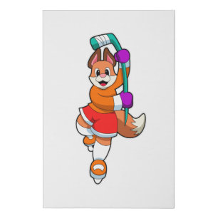 Fox at Ice hockey with Ice hockey stick Faux Canvas Print