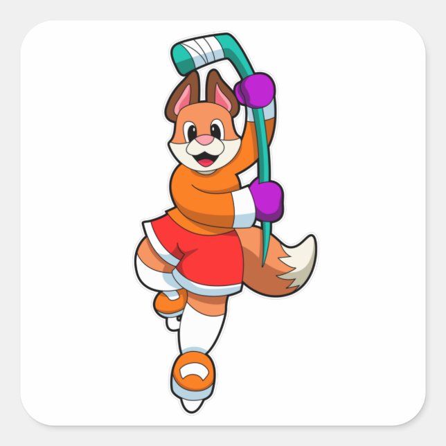 Fox at Ice hockey with Ice hockey stick Square Sticker (Front)