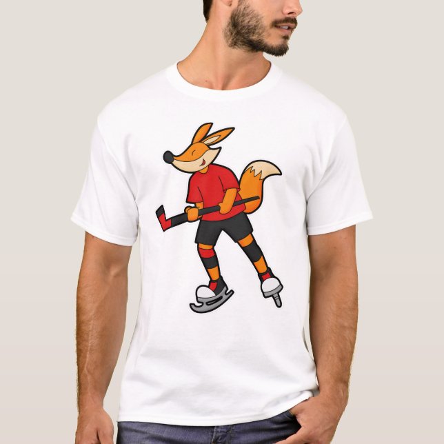 Fox at Ice hockey with Ice hockey stick T-Shirt (Front)