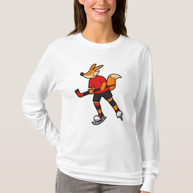 Fox at Ice hockey with Ice hockey stick T-Shirt (Front)