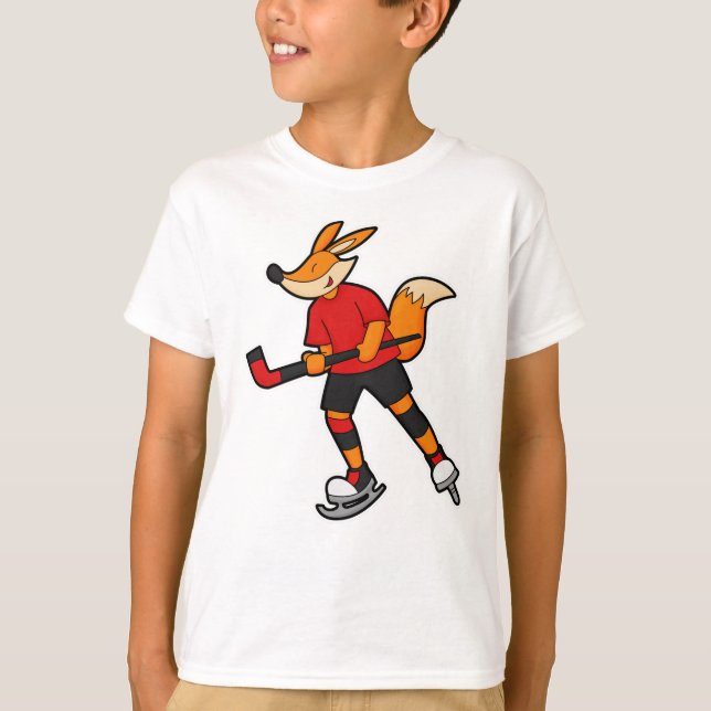 Fox at Ice hockey with Ice hockey stick T-Shirt (Front)