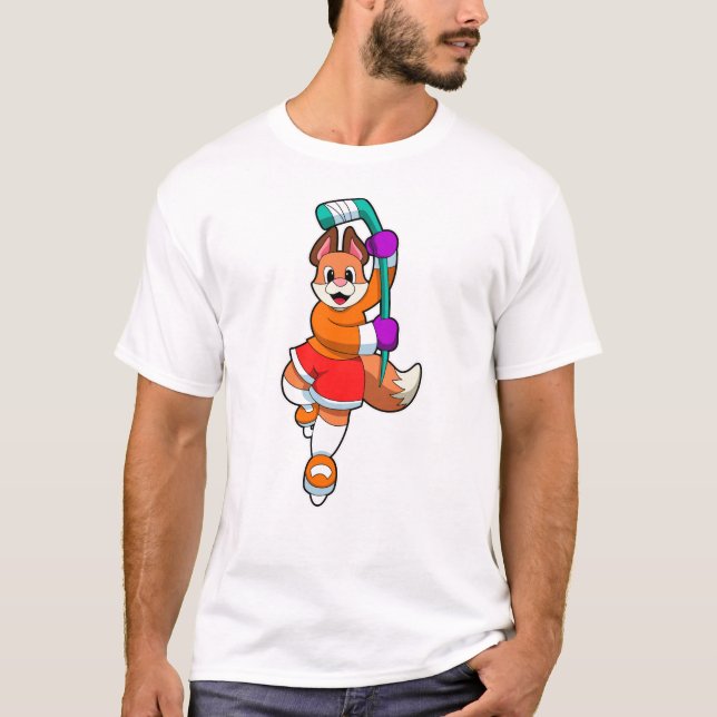 Fox at Ice hockey with Ice hockey stick T-Shirt (Front)