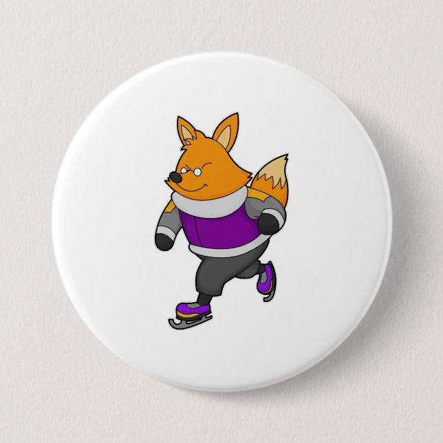 Fox at Ice skating with Ice skates & Glasses Button (Front)