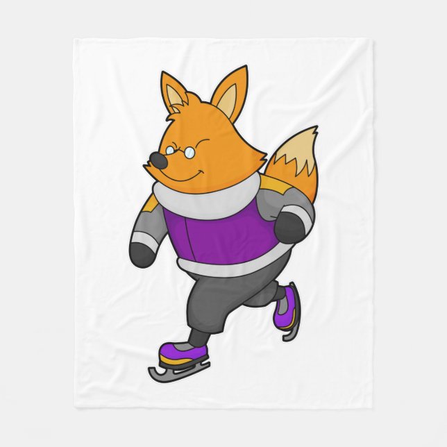 Fox at Ice skating with Ice skates & Glasses Fleece Blanket (Front)