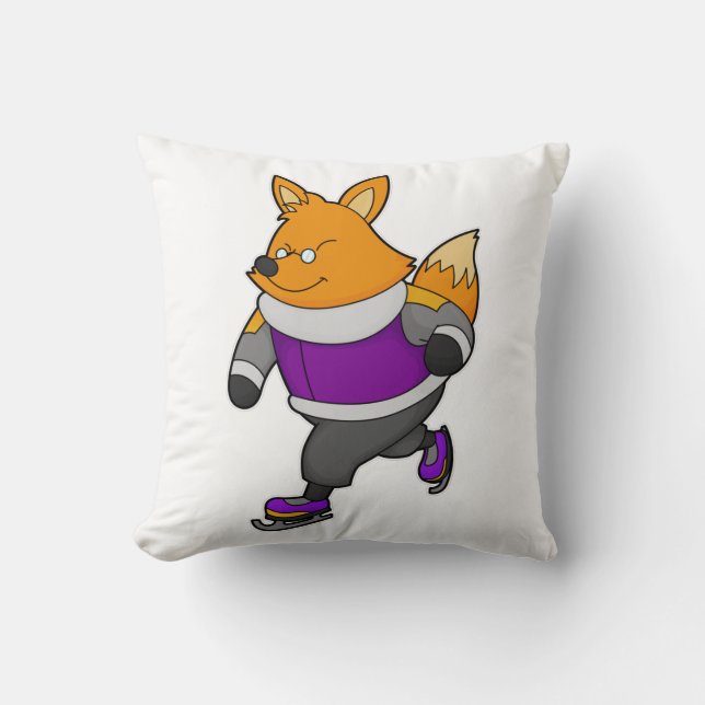 Fox at Ice skating with Ice skates & Glasses Throw Pillow (Front)