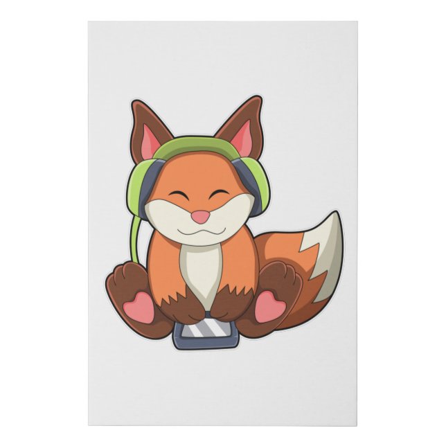 Fox at Music with Headphone Faux Canvas Print (Front)