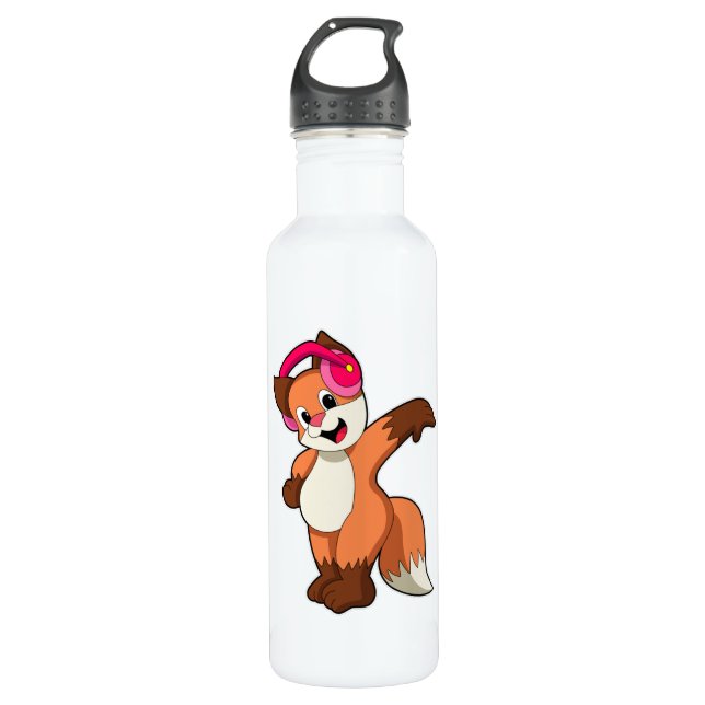 Fox at Music with Headphone Stainless Steel Water Bottle (Front)