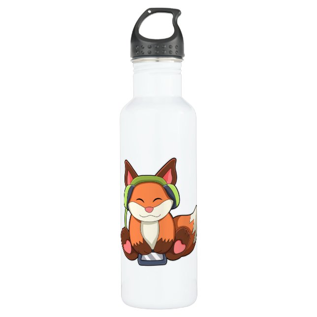 Fox at Music with Headphone Stainless Steel Water Bottle (Front)