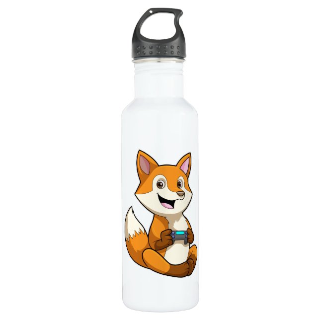 Fox at Playing with Controller Stainless Steel Water Bottle (Front)
