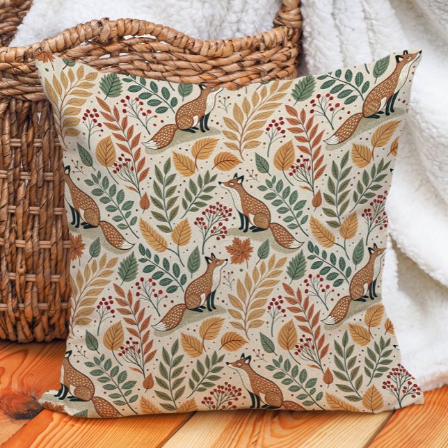 Fox Autumn Leaves Nature Warm  Throw Pillow (Fox and autumn leaves decorator pillow)