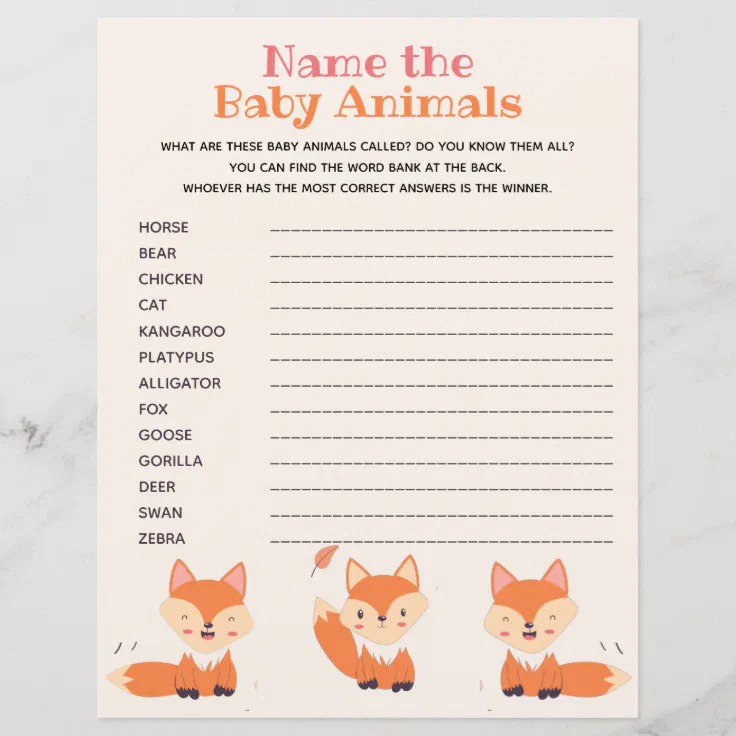 Fox Baby Animal Baby Shower Game | Zazzle