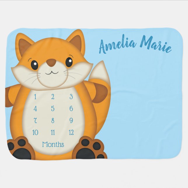 Fox Baby Shower Blue Woodland Baby Blanket (Horizontal)