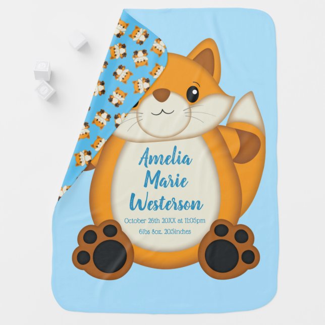 Fox Baby Shower Blue Woodland Baby Blanket (In Situ)