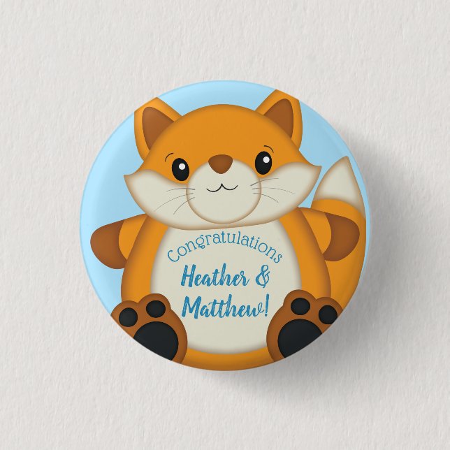 Fox Baby Shower Blue Woodland Button (Front)
